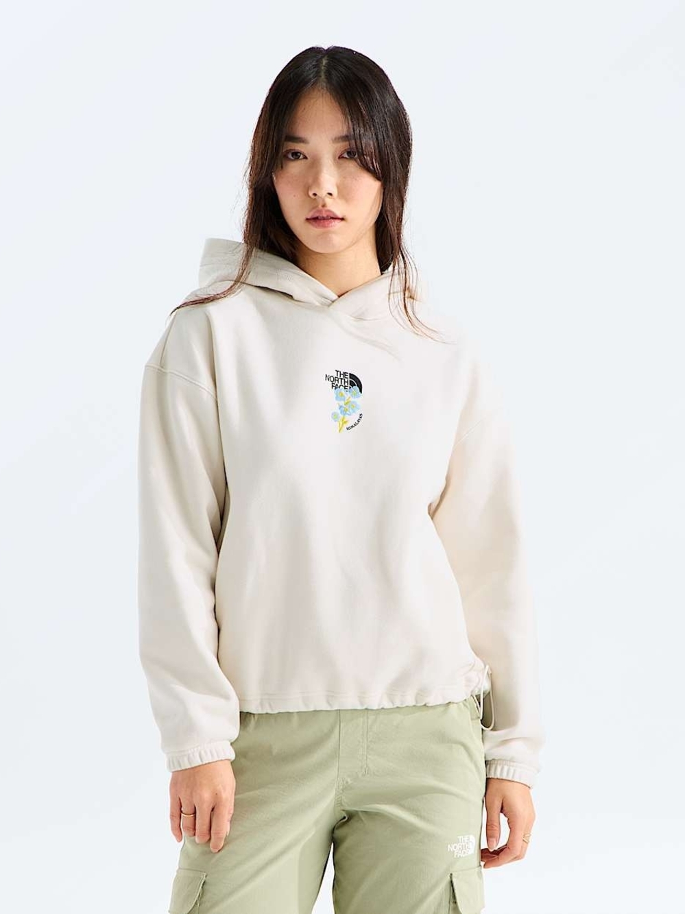 The North Face Cream Hoodie with Small Floral Logo